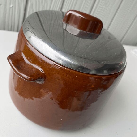 VTG West Bend Brown Glazed Pot Canister Chrome Lid 8.5” Mid Century - Picture 3 of 13